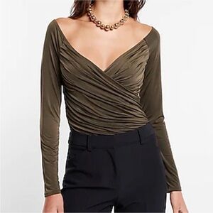Express Body Contour Surplice V-Neck Ruched
Shirt Size large Olive Green NWOT